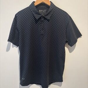 Bylt Drop Cut Lux Men's Polo Shirt LARGE Navy Blue PolkaDot Short Sleeve Stretch